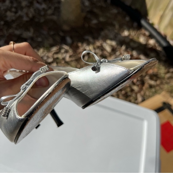 STUART Weitzman peep toe sling back silver high heels Sz 9.5 M - Picture 13 of 13